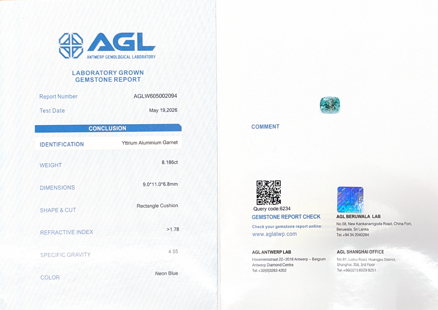 YAG Paraiba Rectangle Cushion 8.19ct